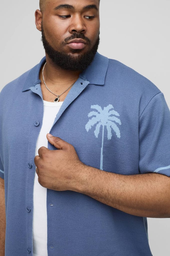 Plus Relaxed Palm Scenic Jacquard Gebreide Overhemd | Blue | Size 2XL