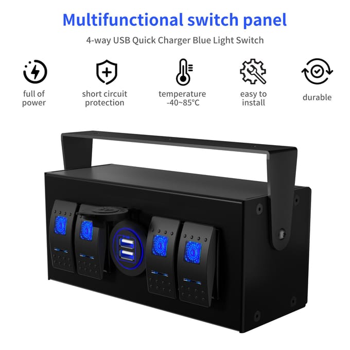 Boîtier d'interrupteur à bascule 4 voies avec chargeur USB rapide, interrupteur à lumière bleue, double USB 4,8 A 12-24 V noir