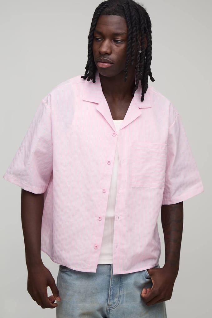 Oversized Overhemd Met Korte Mouwen, Reverskraag En Streeppatroon | Pink | Size 2XL
