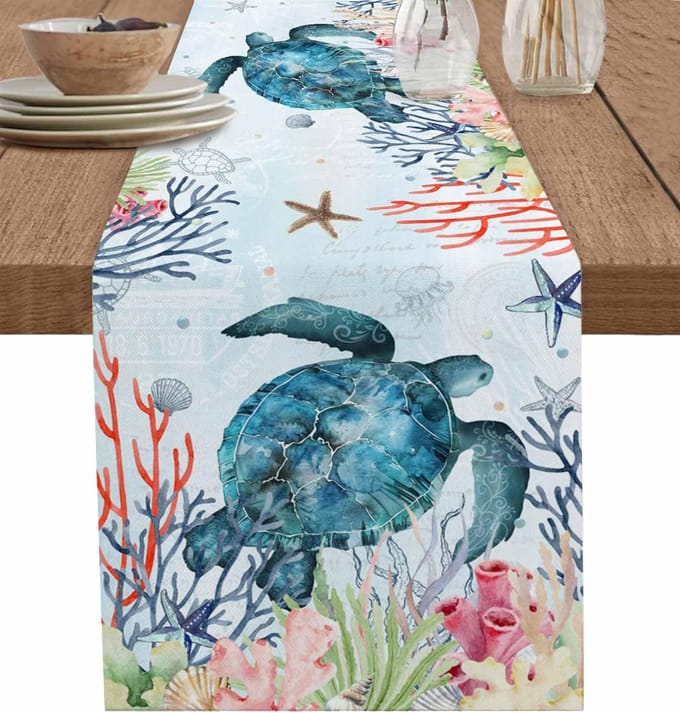 Zomer Zee Schildpad Koraal Zeester Linnen Tafel Runner Commode Sjaals Tafel Decoratie Herbruikbare Eettafel Runner Feestdecoraties 150x33cm