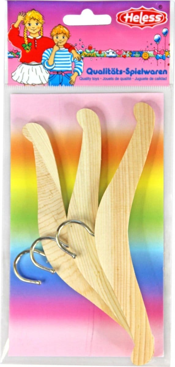 Heless houten kledinghangerset poppen accessoires 3 stuks.