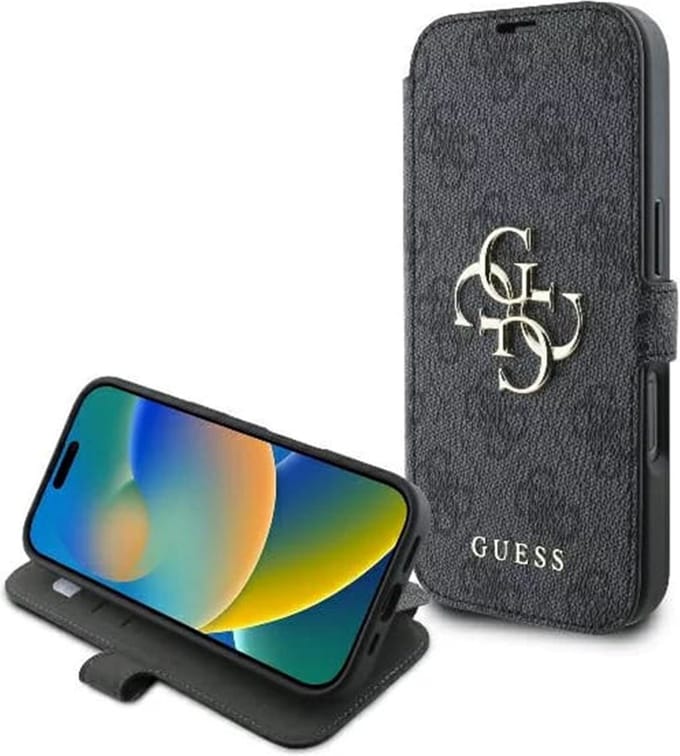 Hoes voor Apple iPhone 16, Guess, 4G Book, Zwart