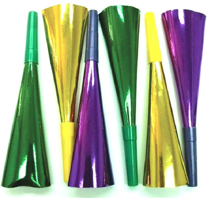 6 feesthoorns in geel, groen, violet, metallic, 22 cm