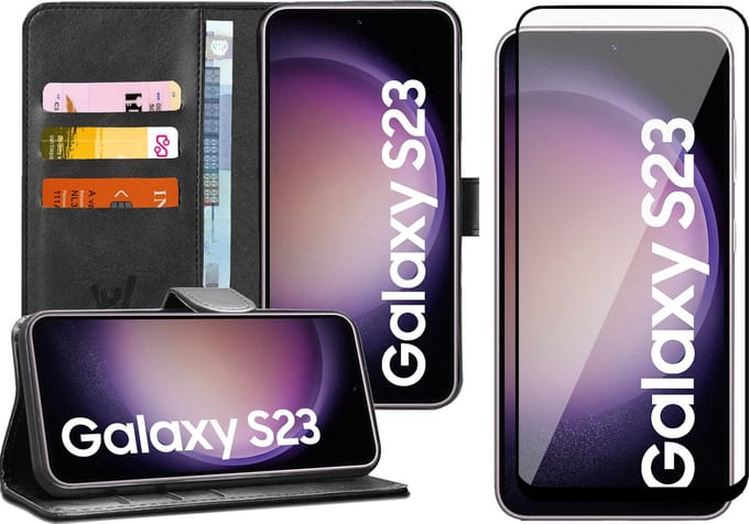 Hoesje geschikt voor Samsung Galaxy S23 - Screen Protector FullGuard - Book Case Kunstleer Pasjeshouder Zwart & Screenprotector