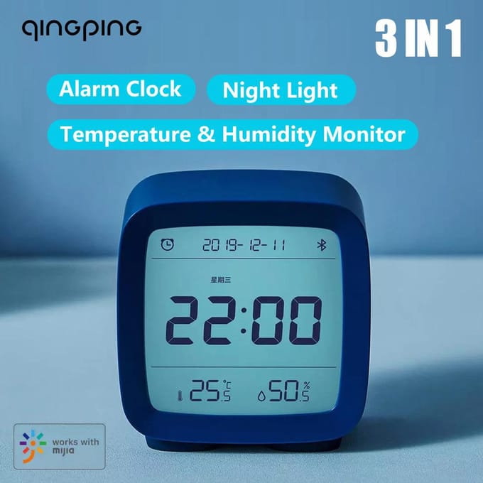Qingping BT Wekker Temperatuur Vochtigheidsbewaking Nachtlampje 3 in 1 Multifunctionele Klok blauw