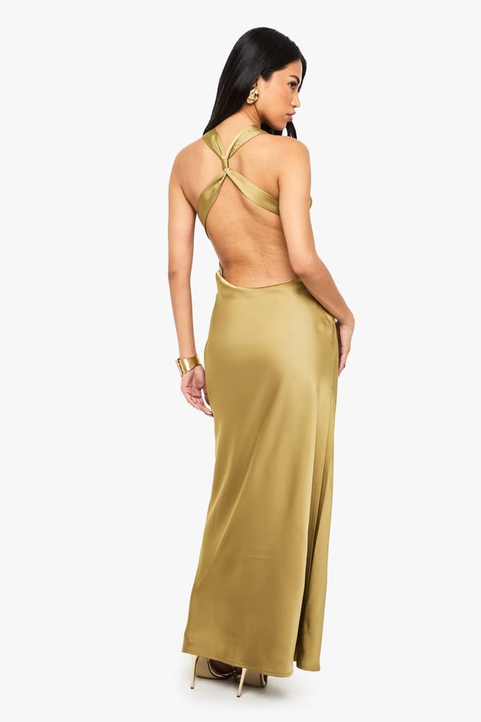 boohoo Dames Satijnen maxi-jurk met gedrapeerde rug | Olive | Maat: 10
