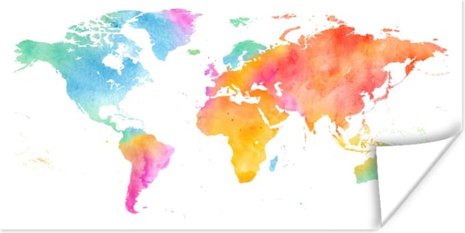 Wereldkaarten - Wereldkaart - Regenboog - Waterverf - 160x80 cm