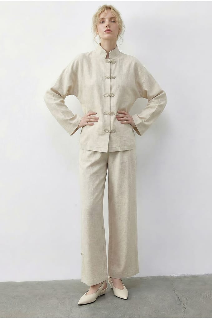 Hoge taille wijd been twee-delige co-ord set met mandarin kraag
