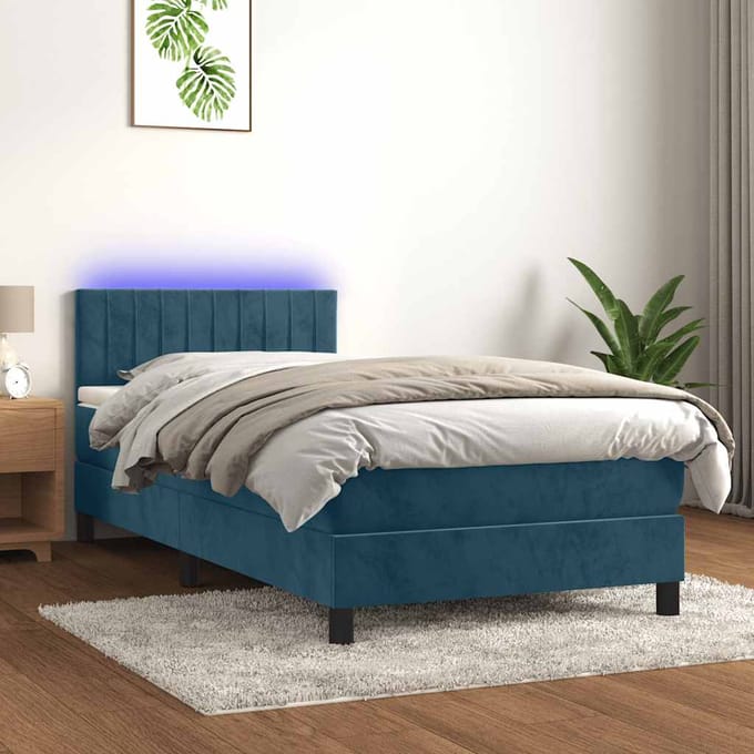 vidaXL - Boxspring - met - matras - en - LED - fluweel - donkerblauw - 90x200 - cm
