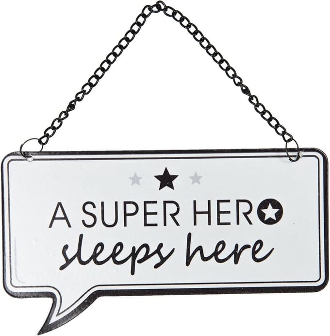Clayre & Eef Tekstbord 14x9 cm Wit Zwart Metaal Rechthoek Superhero Wandbord