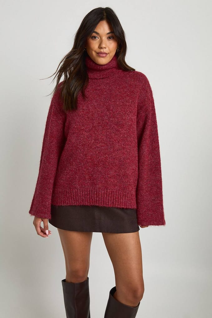 boohoo Dames Zachte gebreide oversized rollhals trui | Burgundy | Maat: Small