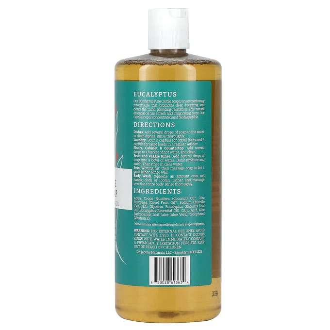 Dr. Jacobs Naturals, Savon de Castille tout-en-un botanique pur, huile essentielle d'eucalyptus, 32 oz (946ml) white