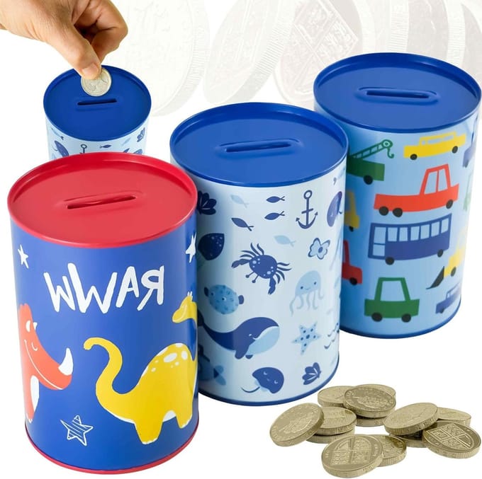 Geldblik Set - Spaarpot Kinderen - Geld Besparen - Verzegelde Sleuf - 3 stuks 15cm - Multicolor