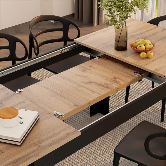 MOBILI FIVER, Easy Extendable Dining Table, 140 (220) x 90 cm, Rustic Oak and Ash Black, Made in Italy