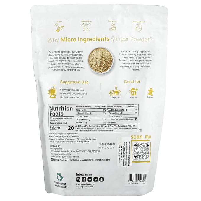 Micro Ingredients, Biologisch Gemberpoeder, 2 lb (907 gram) yellow
