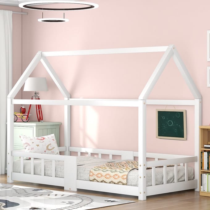 KOMHTOM Kinderbed Huisbed 90x200 cm Valbescherming dennenhout Wit