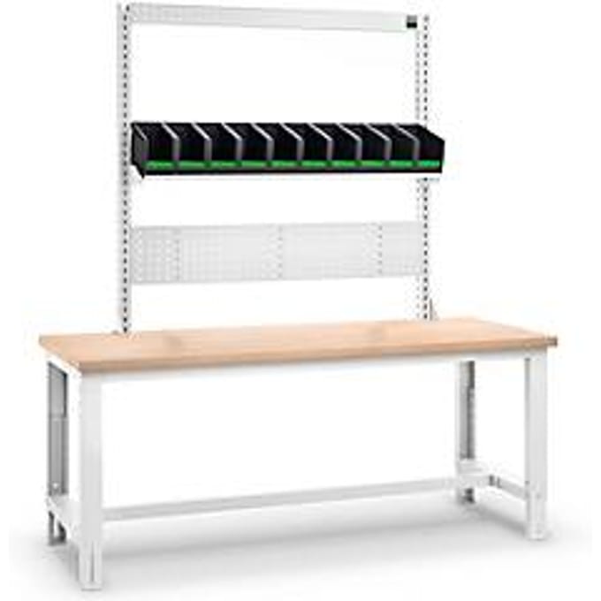 Bott cubio system werkbank, met montageframe, laden, beuken multiplexplaat, tot 800 kg, B 2000 x D 750 mm, lichtgrijs