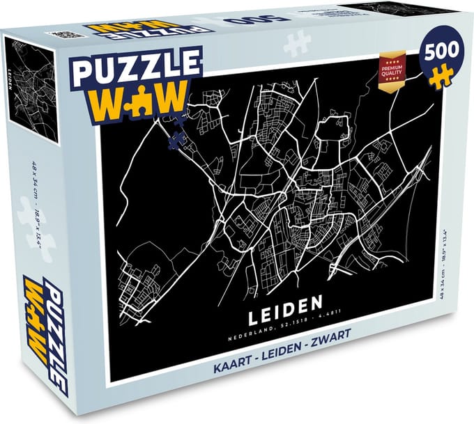 Puzzel Kaart - Leiden - Zwart - Legpuzzel - Puzzel 500 stukjes