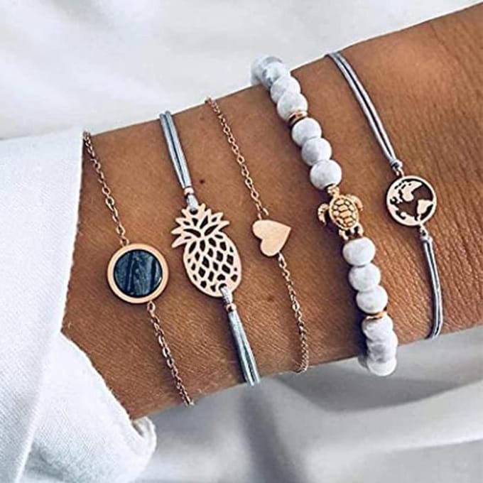 Bracelet - Branets - Lot de 5 - Bohémien - Turquoise - Alliage noir