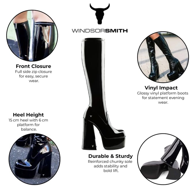 Windsorsmith Dames Zwarte Kniehoge Sokken Platform Goth Hak Laarzen - Saucy
