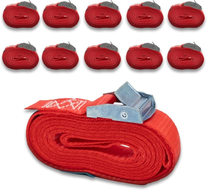250 daN Spanbanden met Klem voor Dakdrager en Omsnoering - 25 mm x 2,5 m Rood Polyester