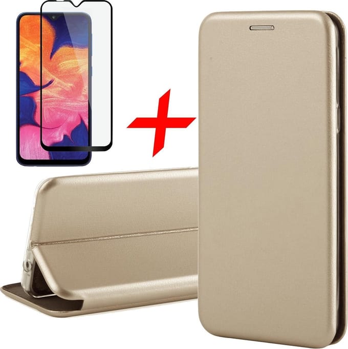 Hoesje geschikt voor Samsung Galaxy A10 - Screen Protector FullGuard - Book Case Kunstleer ThinShield Goud & Screenprotector