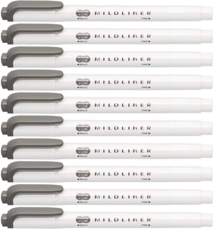 Zebra Mildliner Double-Sided Highlighter - Fine / Bold – Mild Dark Gray Set van 10 + een Luxe Zipperbag - WKT7-MDGR
