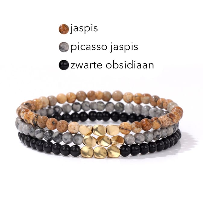 Marama - armbanden set Tibet Bruin - elastisch - edelsteen - jaspis - obsidiaan - set van 3 - damesarmband