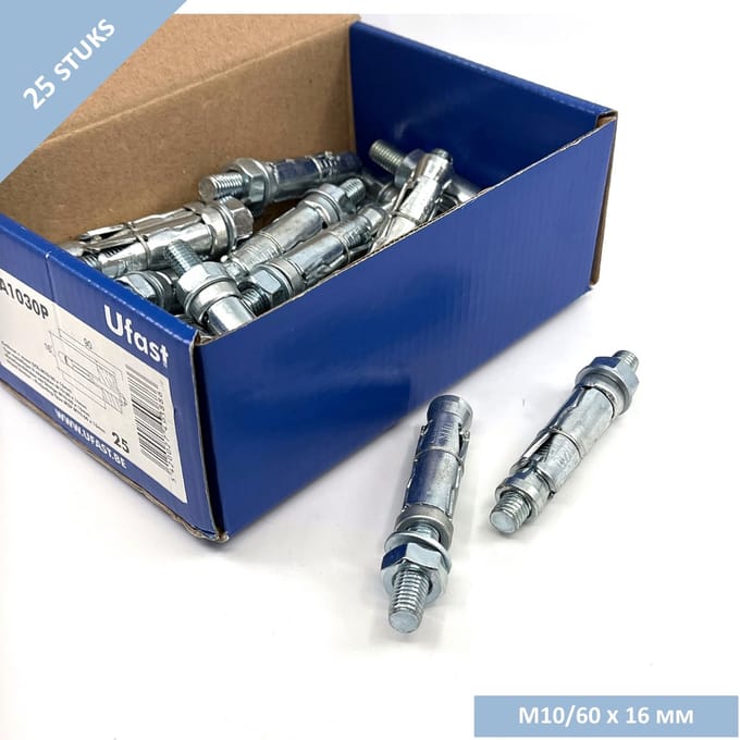 UFAST keilbout - M10/60 x 16mm - Sluitring + moer - Verzinkt - 25 stuks