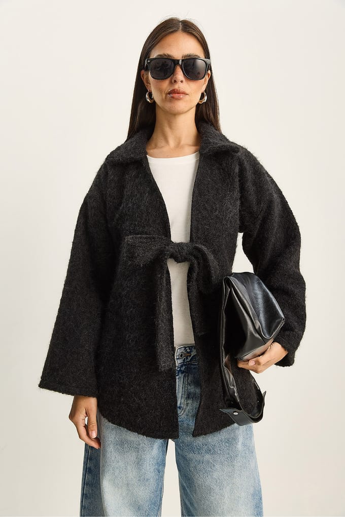 Textuur oversized V-hals cardigan met striksluiting