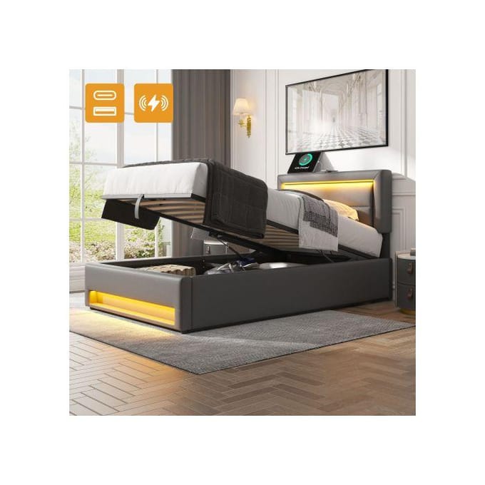 Lit rembourré - MUVOE - 90 x 190 cm - USB - Éclairage LED - Espace de rangement gris
