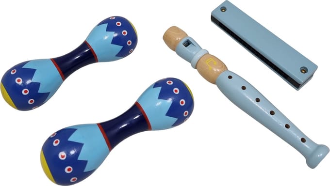 Houten blokfluit mondharmonica en 2 maracas sambaballen blauw