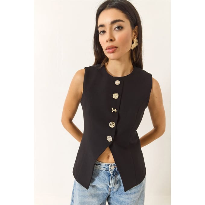 Getailleerde Mouwloze Knopen-Front Vest met Ronde Hals