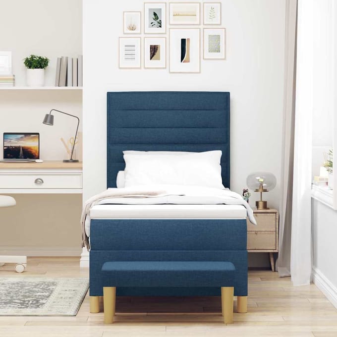 vidaXL - Boxspring - bed - met - kussen - met - hoofdeinde - Blauw - 200 - x - 90 - cm - Stof