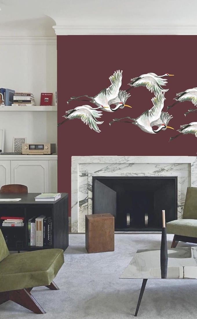 Behang vliegende kraanvogels bordeaux