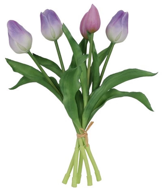 Kunstboeket Tulpen - Kunstbloem Paars en Wit - 5 Stuks - 3D Geprint