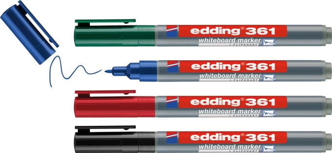 edding 361/4 S boardmarker set - assorti 4 stuks: zwart, rood, blauw, groen - 1mm