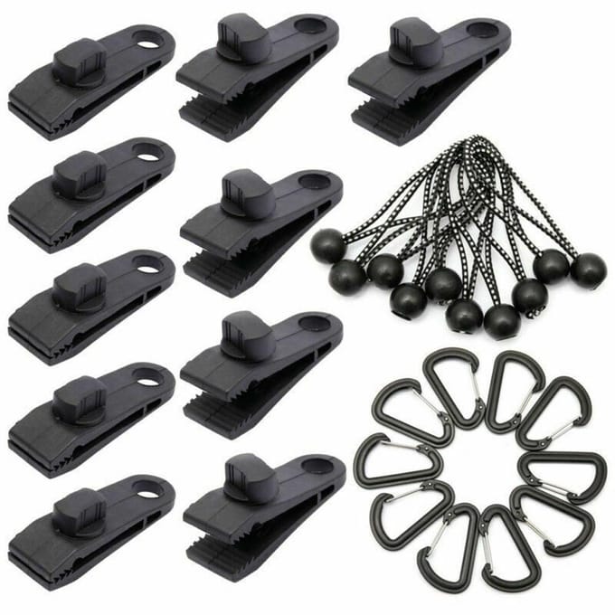 30 stuks Outdoor Tarp Clips Heavy Duty Lock Grip Tentbevestigingsmiddelen Klemmen met Bungee Ball Cords zwart