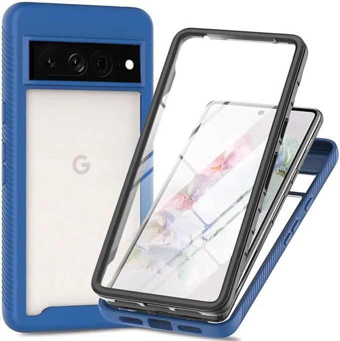 Hoesje met Ingebouwde Screenprotector voor de Google Pixel 8 Pro | Full Protect valbescherming | Doorzichtig / Blauw
