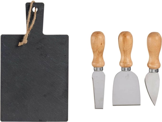 Kinvara Kaasplank/serveerplank met messen leisteen - 4-delig 30x17 cm