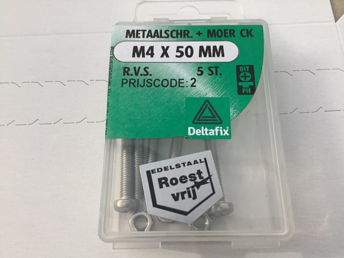 Bout met moer. Bol cilinderkop. Rvs-A2. M4 mm dik. X 50 mm. Lang. 5 stuks Metaalschroef met moer. Deltafix.