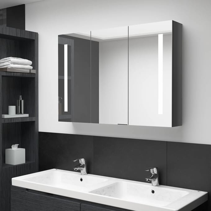vidaXL - Badkamerkast - met - spiegel - en - LED - 89x14x62 - cm - glanzend - grijs