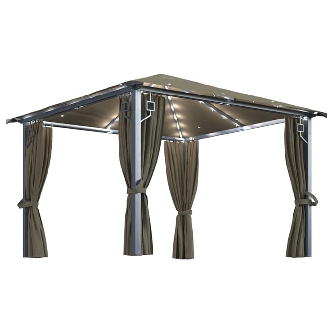 vidaXL - Prieel - met - gordijn - en - LED-lichtslinger - 3x3 - m - aluminium - taupe