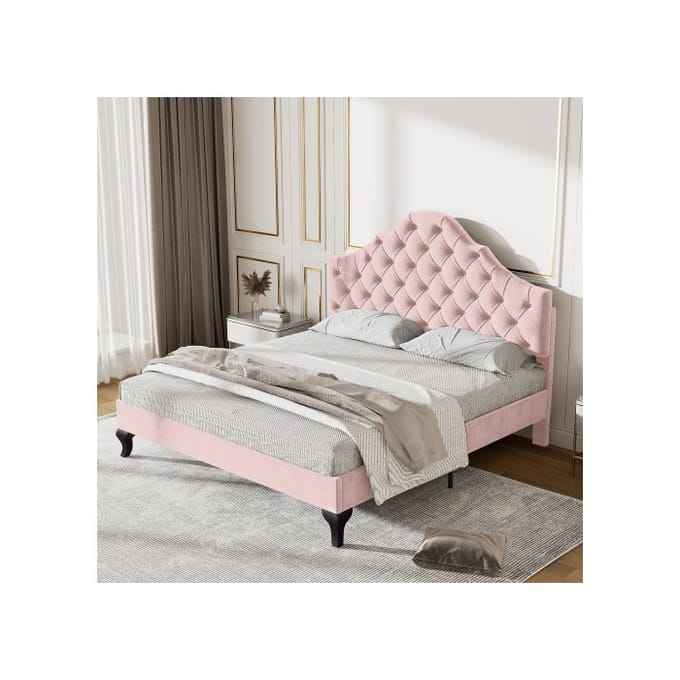 Gestoffeerd bed - MUVOE - 140x200 cm - Verstelbaar hoofdeinde - Roze fluweel - 2-persoons roze