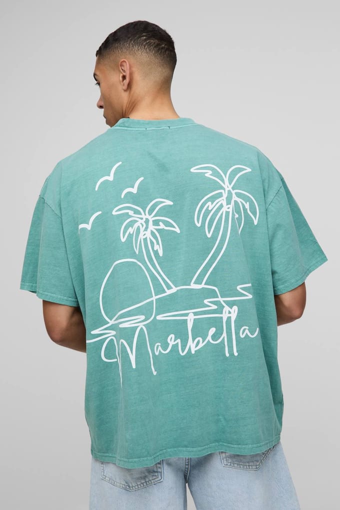 Oversized Extended Neck Line Drawn Marbella Graphic Washed T-Shirt | Green | Size Medium
