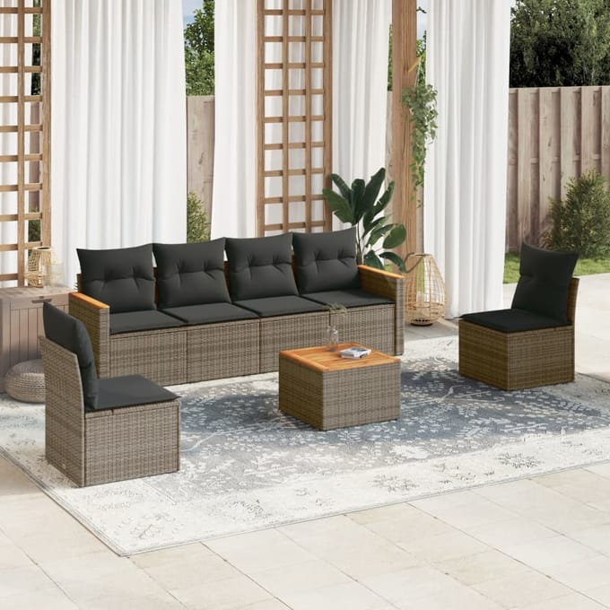 vidaXL - 7-delige - Loungeset - met - kussens - poly - rattan - grijs