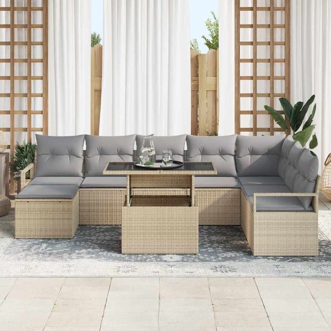 vidaXL - Tuinbank - Set - 9 - st - Beige - en - Lichtgrijs - poly - rattan