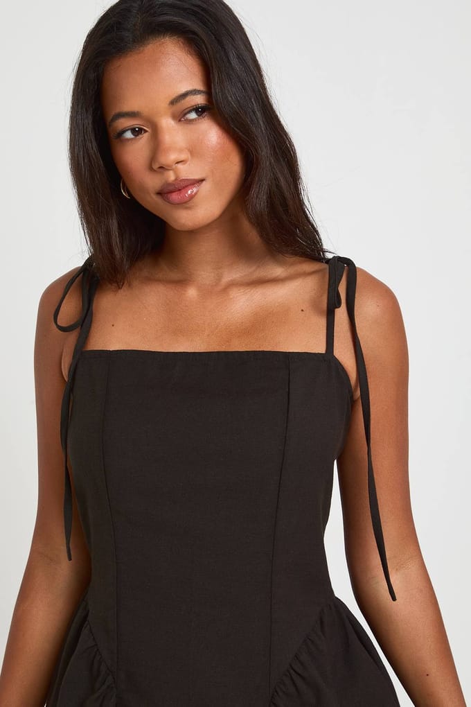 boohoo Dames Linnen Skater Jurk Met Strikbandjes | Zwart | Maat: 36