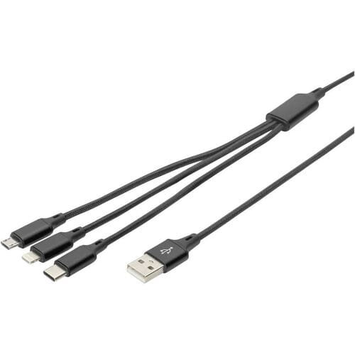 Digitus AK-300160-010-S USB-laadkabel Apple Lightning stekker, USB-A stekker, USB-C stekker, USB-micro-B stekker 1.00 m Zwart Extreem robuust...