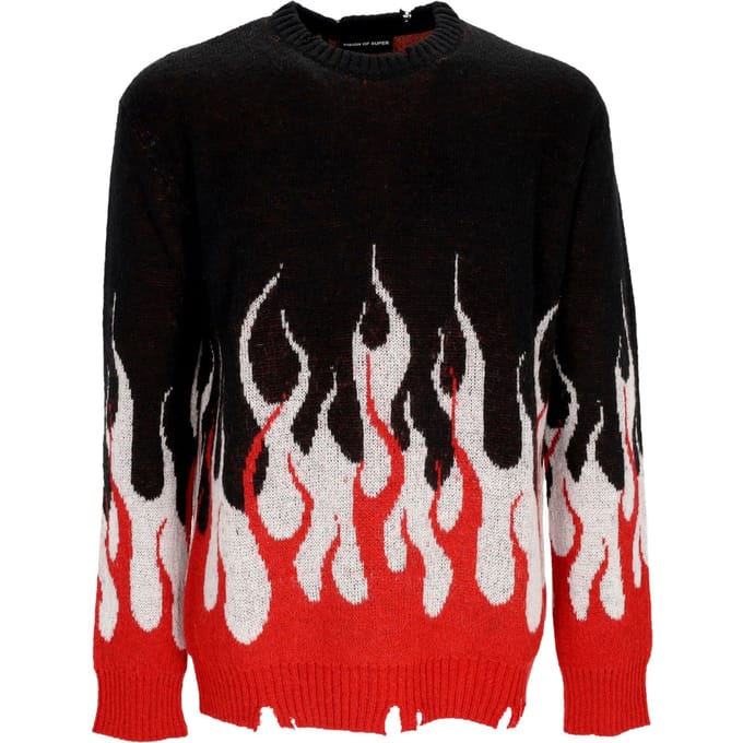 Jacquard Flames-trui heren zwart/rood/wit